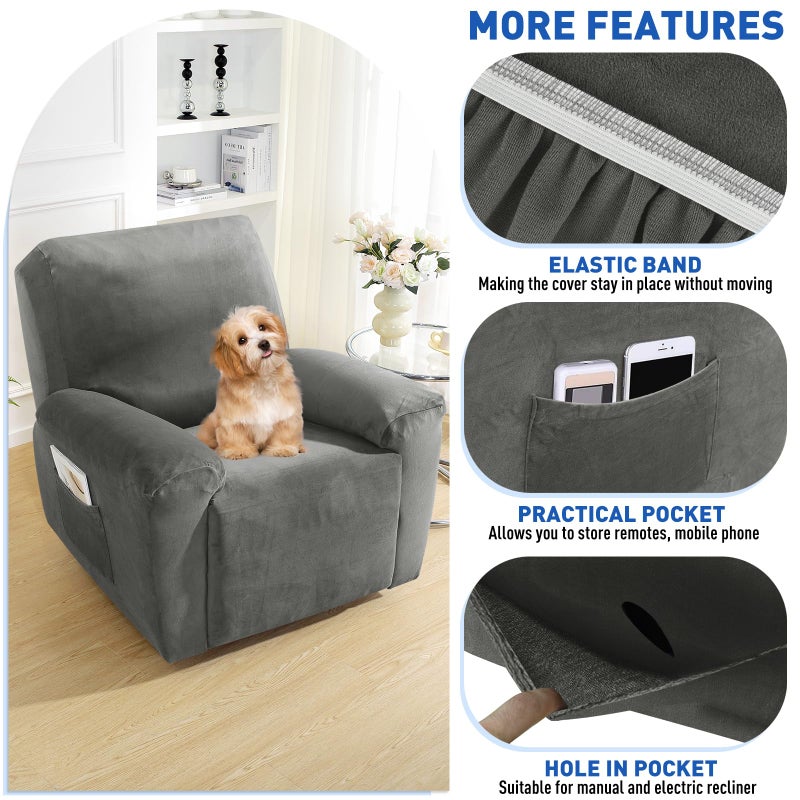 MAXIJIN Velvet 4 Piece Recliner Cover Stretch Plush Soft Cover for Chair Thick Soft Recliner Slipcover Separate Chair Cover with Side Pocket (Recliner, Gray) - Image 4